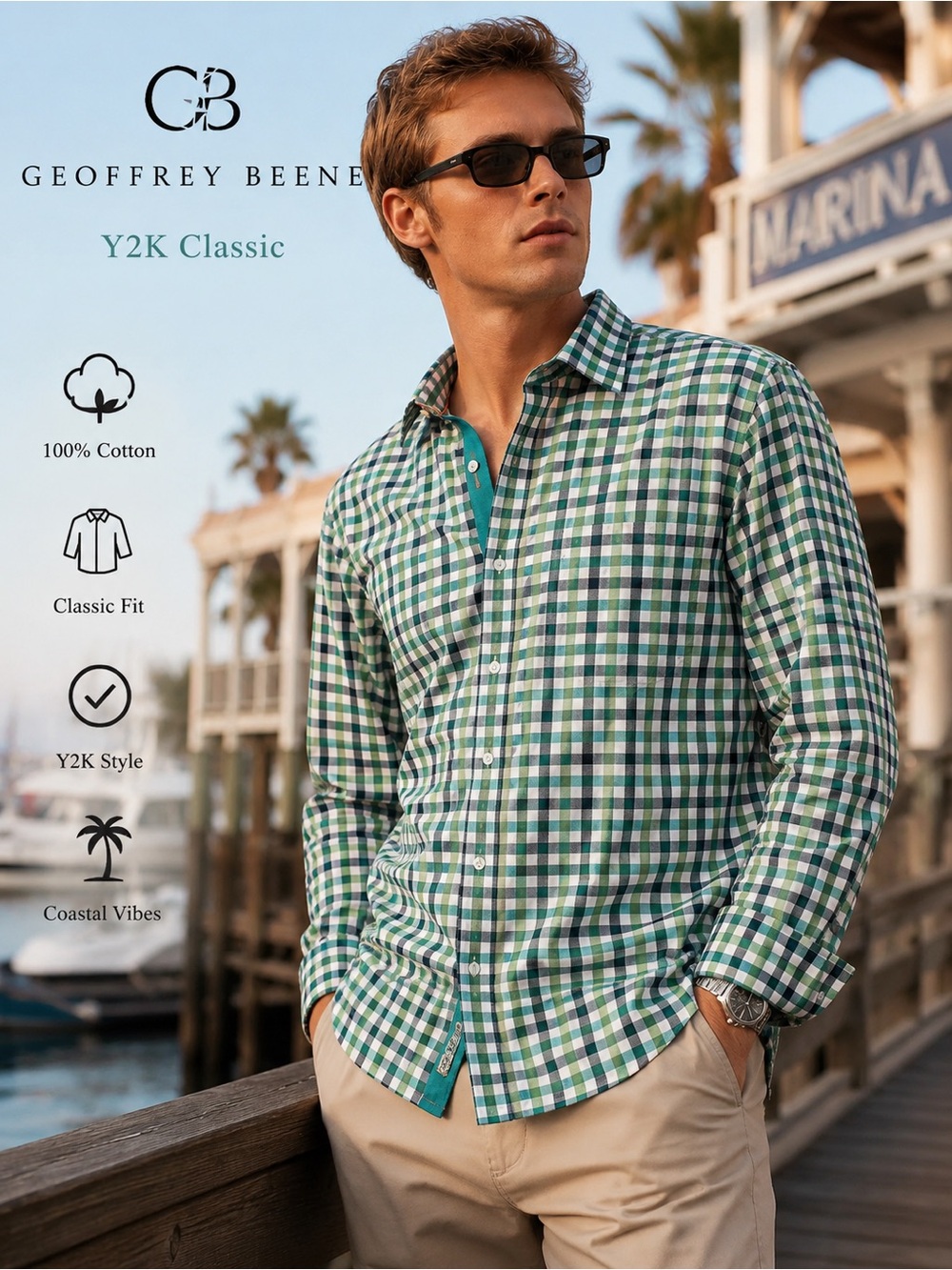 Geoffrey Beene Y2K Plaid Button-Up Shirt Men’s Large Green Check Long Sleeve